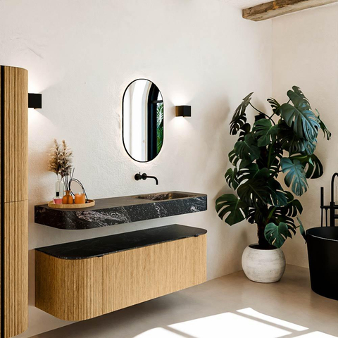 MONDIAZ THOR-DLUX 140cm meuble de salle de bains arrondi gauche + droite couleur Oak avec 1 tiroir et 2 portes. Vasque suspendue CLOUD droite sans trou de robinet couleur Lava. SW1463944