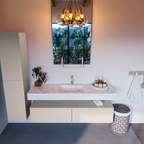 Mondiaz ALAN-DLUX Ensemble de meuble - 150cm - meuble Linen mat - 2 tiroirs - Lavabo Cloud Opalo suspendu - vasque Centre - 1 trou de robinet SW806546