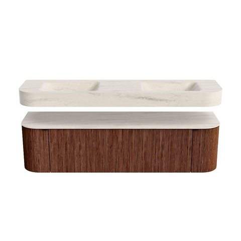 MONDIAZ THOR-DLUX Meuble de salle de bains - 170cm - arrondi gauche + droite - couleur Ruby - 1 tiroir et 2 portes - Vasque suspendue CLOUD Double sans trou de robinet - couleur Meli SW1465769