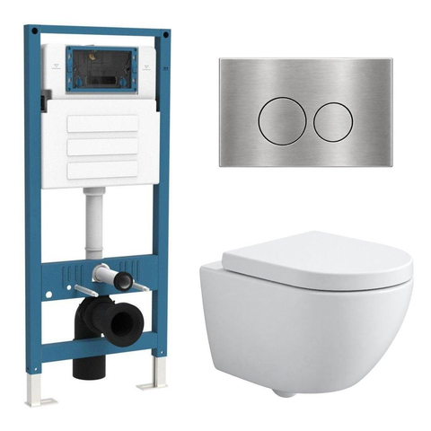 QeramiQ Dely Swirl Compact Toiletset - inbouwreservoir QeramiQ flush - 25mm zitting - metalen bedieningsplaat RVS - ronde knoppen - mat wit SW1590808