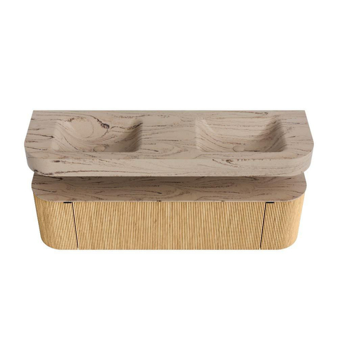 MONDIAZ THOR-DLUX 160cm meuble de salle de bains arrondi gauche + droite couleur Oak avec 1 tiroir et 2 portes. Vasque suspendue CLOUD Double sans trou de robinet couleur Arena. SW1465128