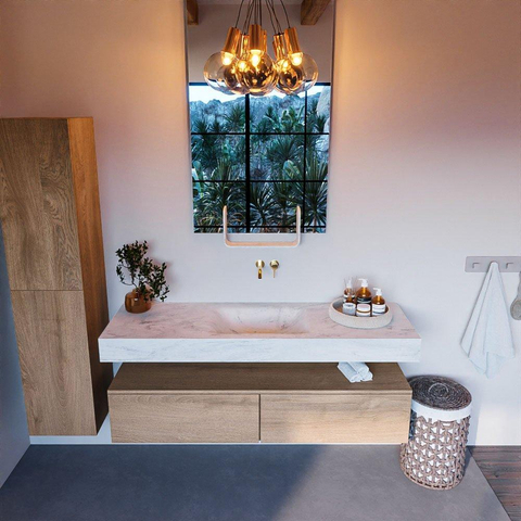 Mondiaz ALAN-DLUX Ensemble de meuble - 150cm - meuble Washed Oak mat - 2 tiroirs - Lavabo Cloud Opalo suspendu - vasque Centre - 0 trous de robinet SW808891