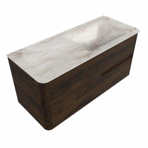 Mondiaz CIRO-DLUX Meuble de salle de bains - 110x45x50cm - Plan vasque solid surface Frappe - 1 vasque à droite - 1 trou de robinet - 2 tiroirs - Noyer SW1530324