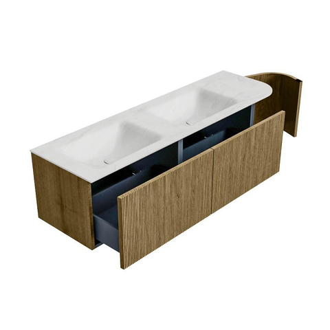 Mondiaz KURVE-DLUX Ensemble de meuble de salle de bains - 155x46x40cm - 2 tiroirs - 1 porte - vasque solid surface - double / gauche - 2 trous de robinet - Dusk SW1414952