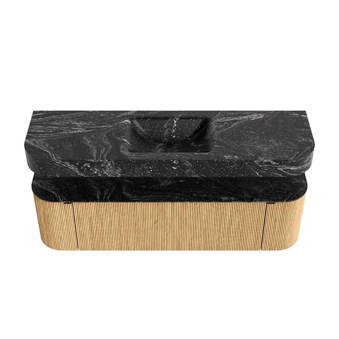 MONDIAZ THOR-DLUX 160cm meuble de salle de bains arrondi gauche + droite couleur Oak avec 1 tiroir et 2 portes. Vasque suspendue CLOUD Centre 1 trou de robinet couleur Lava. SW1464977