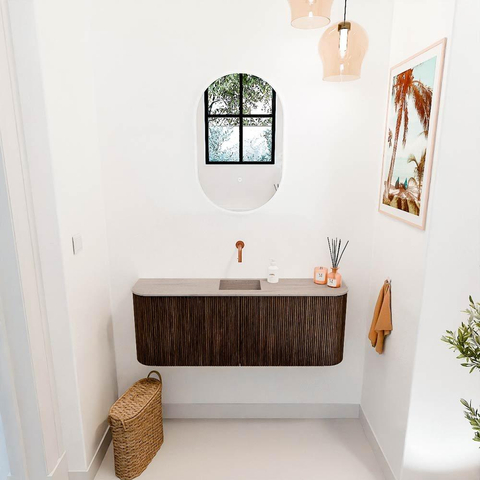 Mondiaz JOYA-DLUX 113.2cm toiletmeubel - ronding links en rechts kleur Walnut - Wastafel FAYE positie Midden Zonder kraangat kleur Saba. SW1424727