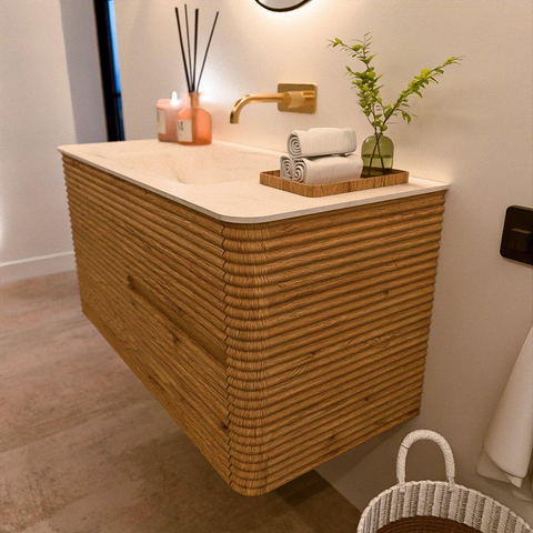 Mondiaz CIRO-DLUX Ensemble de meuble de salle de bains - 100x45x50cm - plan-vasque solid surface Meli - 1 bassin au milieu - sans trous de robinet - 2 tiroirs - chêne SW1531378