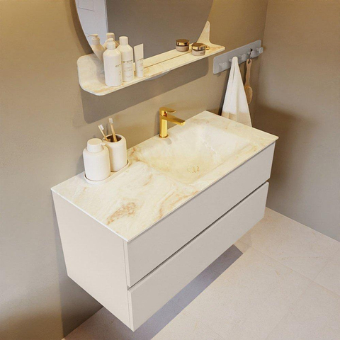 VICA-DLUX meuble sous lavabo 100cm Linen 2 tiroirs. Lavabo encastré CLOUD à droite 1 trou de robinet, couleur Frappe. SW902528