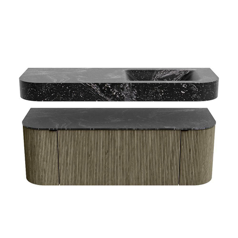 MONDIAZ THOR-DLUX 130cm meuble de salle de bains arrondi gauche + droite couleur Shadow avec 1 tiroir et 2 portes. Vasque suspendue CLOUD Droite 1 trou de robinet couleur Lava. SW1463779
