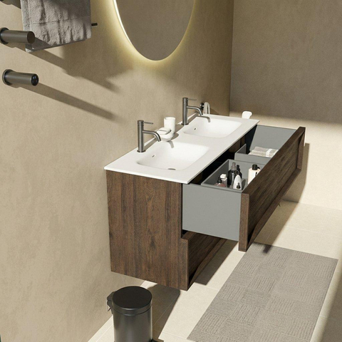 Saniclass Holz Frame Ensemble de meubles de salle de bains - 120x45x61.5cm - lavabo Flow en solid surface blanc - 2 vasques - 2 trous de robinet - 2 tiroirs - chêne charcoal mat (bois) SW1579787