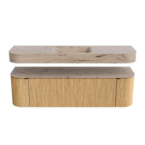 MONDIAZ THOR-DLUX 160cm badmeubel ronding links + rechts kleur Oak met 1 lade en 2 deuren. Vrijhangende wastafel CLOUD Midden 1 kraangat kleur Arena. SW1465104