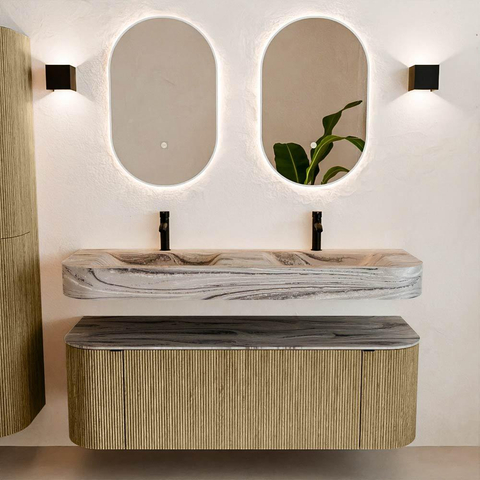MONDIAZ THOR-DLUX 140cm meuble de salle de bains arrondi gauche + droite couleur Dusk avec 1 tiroir et 2 portes. Vasque suspendue CLOUD Double 2 trous de robinet couleur Sombra. SW1464251