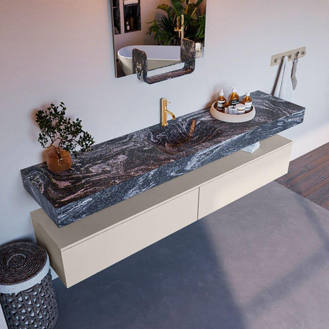 Mondiaz ALAN-DLUX Ensemble de meuble - 200cm - meuble Linen mat - 2 tiroirs - Lavabo Cloud Lava suspendu - vasque Centre - 1 trou de robinet SW808377