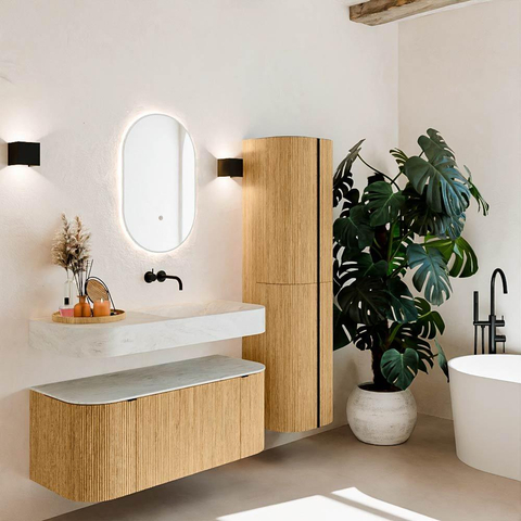MONDIAZ THOR-DLUX 110cm meuble de salle de bains arrondi gauche + droite couleur Oak avec 1 tiroir et 2 portes. Vasque suspendue CLOUD droite sans trou de robinet couleur Opalo. SW1462758