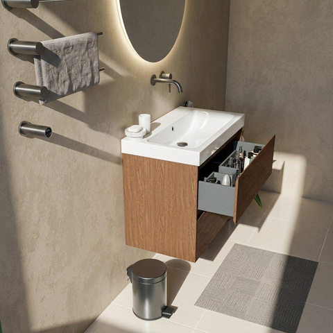 Saniclass Holz Pure Badkamermeubelset - 80x45x67.5cm - Wave keramische wastafel - 1 wasbak - zonder kraangat - 2 lades - mat walnut pure (hout) SW1479023