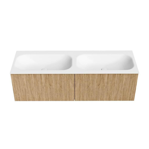 MONDIAZ KURVE Meuble de salle de bains 140 cm couleur Oak avec 2 tiroirs. Vasque BIG SMALL double sans trou de robinet Talc. SW1138226