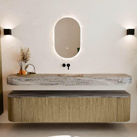 MONDIAZ THOR-DLUX 200cm meuble de salle de bains arrondi gauche + droite couleur Dusk avec 2 tiroirs et 2 portes. Vasque suspendue CLOUD Milieu sans trou de robinet couleur Oza. SW1467190