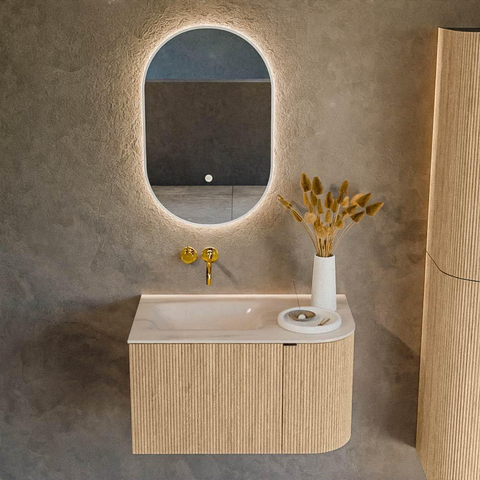 MONDIAZ KURVE-DLUX Meuble de salle de bains 75cm arrondi à droite couleur Chêne avec 1 tiroir et 1 porte. Lavabo GRUNNE à gauche sans trou de robinet Meli. SW1431576