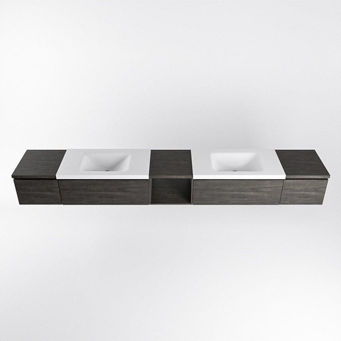MONDIAZ BUKLA 280cm ensemble de meuble avec module ouvert 40 au milieu couleur Marron Foncé avec 4 tiroirs. Lavabo CLOUD double 0 trous de robinet couleur Talc. SW1382362