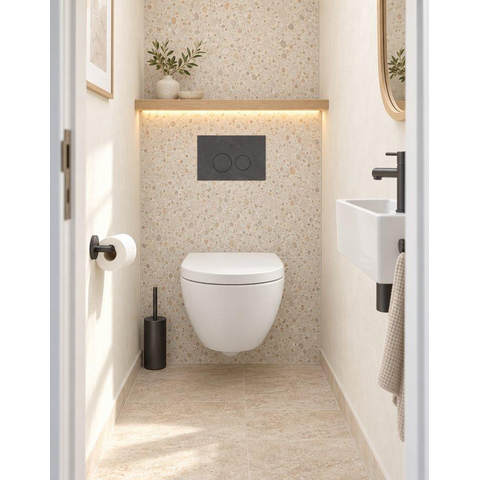 Pack WC QeramiQ Dely Swirl Compact - réservoir encastrable Geberit UP320 - avec bâti-support Burda - abattant 25 mm - plaque de commande en pierre naturelle marbre foncé - boutons ronds - blanc brillant SW1592340