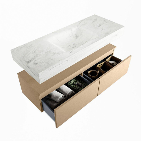 Mondiaz ALAN-DLUX Ensemble de meuble - 120cm - meuble Oro mat - 2 tiroirs - Lavabo Cloud Opalo suspendu - vasque Centre - 0 trous de robinet SW807152