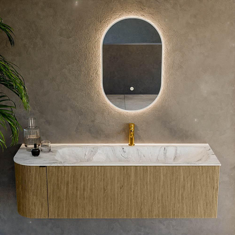 Mondiaz KURVE-DLUX Ensemble de meuble de salle de bains - 145x46x40cm - 1 tiroir - 1 porte - lavabo solid surface - droit - 1 trou de robinet - Dusk SW1415498