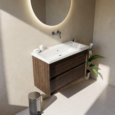Saniclass Holz Frame Ensemble de meubles de salle de bains - 100x45x63.5cm - Lavabo Bari en céramique blanc - 1 vasque - sans trou de robinet - 2 tiroirs - chêne charcoal mat (bois) SW1579731