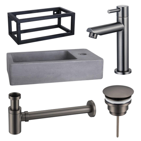 Fortifura Fuente Fonteinset - 40x22x23.5cm - 1 kraangat - zwart frame - fonteinkraan gunmetal - beton - beton (grijs) SW1111521
