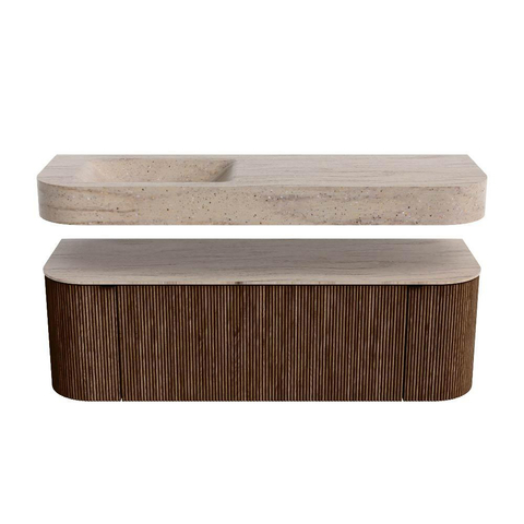 MONDIAZ THOR-DLUX Meuble de salle de bains 140cm arrondi gauche + droite couleur Walnut avec 1 tiroir et 2 portes. Vasque suspendue CLOUD Gauche sans trou de robinet couleur Saba. SW1464294