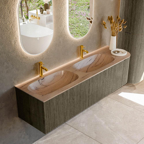MONDIAZ KURVE-DLUX Meuble de salle de bains 165cm courbe Droite couleur Shadow avec 2 tiroirs et 1 porte. Lavabo STOR SMALL Double / Gauche 2 trous de robinet Arena. SW1431314