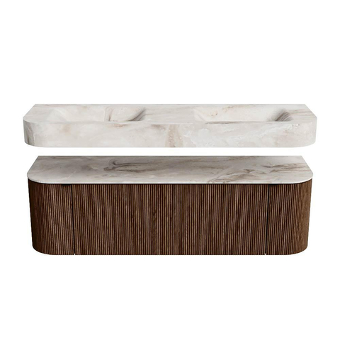 MONDIAZ THOR-DLUX 150cm meuble de salle de bains arrondi gauche + droite couleur Walnut avec 1 tiroir et 2 portes. Vasque suspendue CLOUD Double sans trou de robinet couleur Frappe. SW1464623