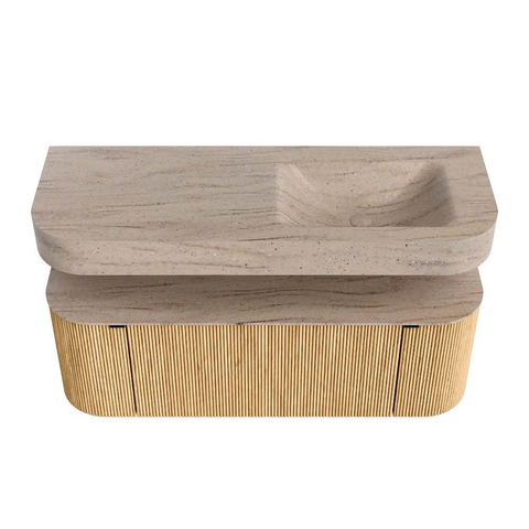 MONDIAZ THOR-DLUX 130cm meuble de salle de bains arrondi gauche + droite couleur Chêne avec 1 tiroir et 2 portes. Vasque suspendue CLOUD Droite sans trou de robinet couleur Saba. SW1464023