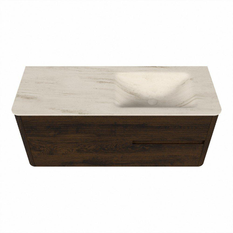 Mondiaz CIRO-DLUX Badkamermeubelset - 120x45x50cm - Solid surface wastafel Meli - 1 wasbak Rechts - zonder kraangaten - 2 lades - Walnut SW1530491