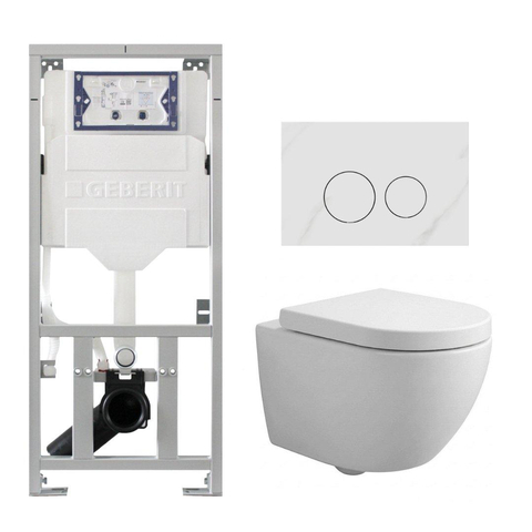 QeramiQ Dely Swirl Compact Toiletset - inbouwreservoir Geberit UP320 - met Burda frame - 25mm zitting - natuurstenen bedieningsplaat marmer wit - ronde knoppen - glans wit SW1592341