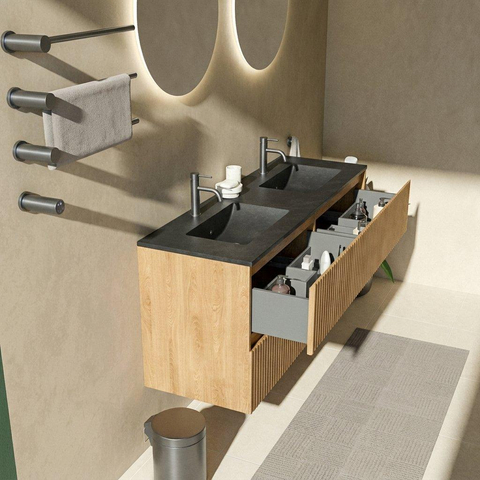 Saniclass Holz Atelier Badkamermeubelset - 140x45x62cm - Vygo keramische wastafel zwart - 2 wasbakken - 2 kraangaten - 4 lades - mat eiken natural (hout) SW1479003