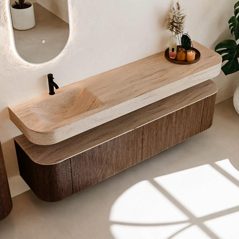 MONDIAZ THOR-DLUX 190cm meuble de salle de bains arrondi gauche + droite couleur Walnut avec 2 tiroirs et 2 portes. Vasque suspendue CLOUD Gauche 1 trou de robinet couleur Saba. SW1466669