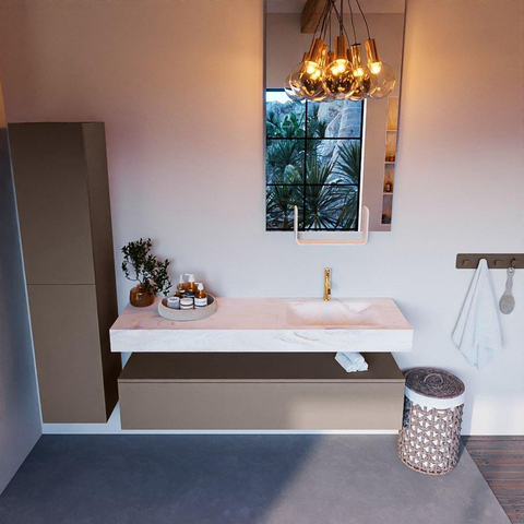 Mondiaz ALAN-DLUX Ensemble de meuble - 150cm - meuble Smoke mat - 1 tiroir - Lavabo Cloud Ostra suspendu - vasque droite - 1 trou de robinet SW807364