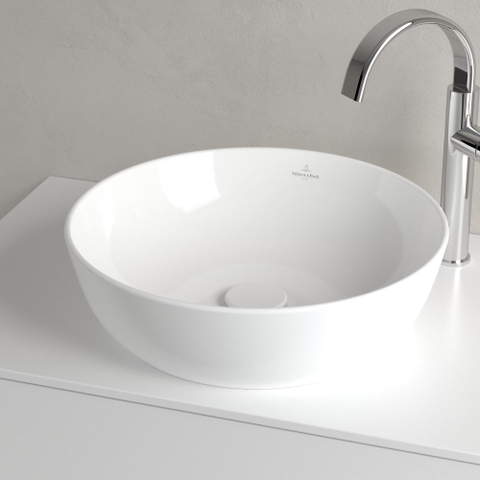 Villeroy & Boch Artis opzetwastafel rond - diameter 43x12.5cm CeramicPlus - zonder kraangat - zonder overloop - zonder plug - Stone White (mat wit) SW209528
