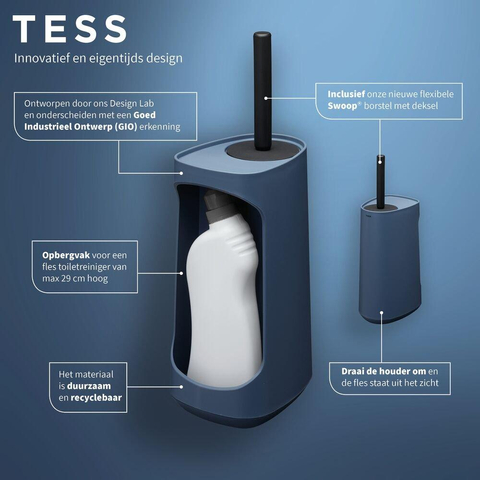 Tiger Tess Toiletborstelhouder met opbergfunctie vrijstaand en Swoop® borstel flexibel Blauw Zwart SW877633