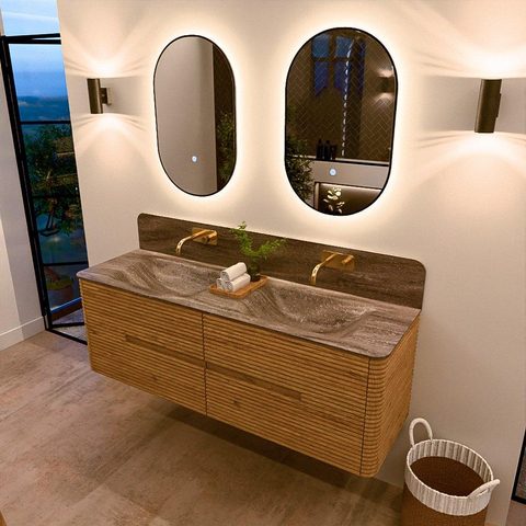 Mondiaz CIRO-DLUX Badkamermeubelset - 150x45x50cm - Solid surface wastafel Oza - 2 wasbak Dubbel - zonder kraangaten - 4 lades - Oak SW1531139