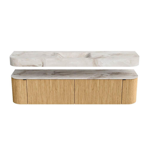 MONDIAZ THOR-DLUX Meuble de salle de bains - 190cm - arrondi gauche + droite - couleur Oak - 2 tiroirs - 2 portes - Vasque suspendue CLOUD centrale 1 trou de robinet couleur Frappe SW1466348
