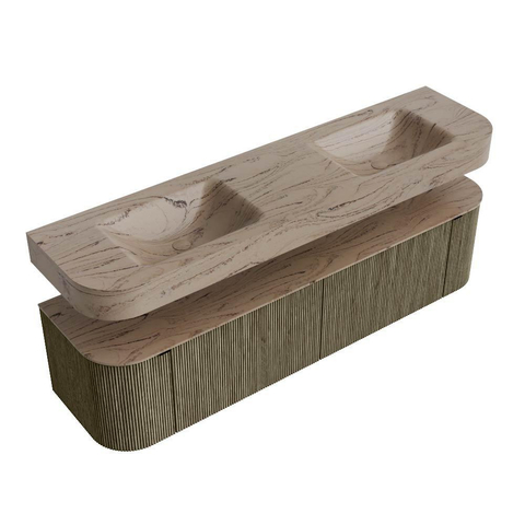 MONDIAZ THOR-DLUX 180cm meuble de salle de bains arrondi gauche + droite couleur Shadow avec 2 tiroirs et 2 portes. Vasque suspendue CLOUD Double 2 trous de robinet couleur Arena. SW1466146