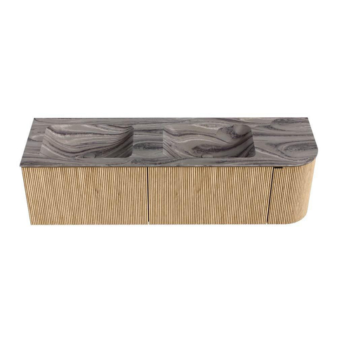 MONDIAZ KURVE-DLUX 155cm badmeubel ronding Rechts kleur Oak met 2 lades en 1 deur. Wastafel LEAF Dubbel / Links zonder kraangat Sombra. SW1433591