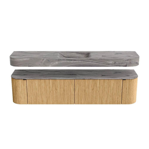 MONDIAZ THOR-DLUX Meuble de salle de bains 190cm arrondi gauche + droite couleur Oak avec 2 tiroirs et 2 portes. Vasque suspendue CLOUD Milieu 1 trou de robinet couleur Sombra. SW1466684