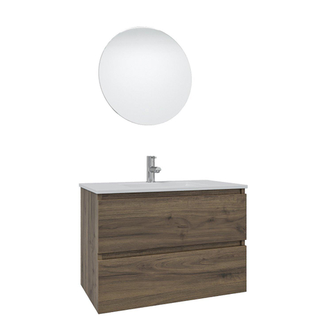 Saniclass Chaci Meuble de salle de bain - 80x46x55cm - lavabo en céramique blanc - 1 vasque - 1 trou de robinet - 2 tiroirs - ronde miroir avec éclairage - noyer (hout) SW816263