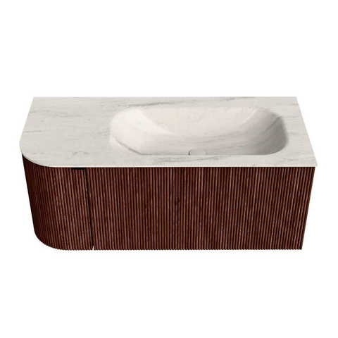 MONDIAZ KURVE-DLUX Meuble de salle de bains 105cm arrondi à gauche couleur Ruby avec 1 tiroir et 1 porte. Vasque BIG SMALL à droite 1 trou de robinet Meli. SW1431971