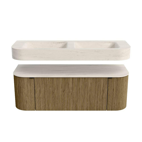 MONDIAZ THOR-DLUX 130cm meuble de salle de bains arrondi gauche + droite couleur Dusk avec 1 tiroir et 2 portes. Vasque suspendue CLOUD Double sans trou de robinet couleur Meli. SW1463860