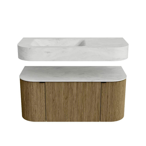 MONDIAZ THOR-DLUX 100cm meuble de salle de bains arrondi gauche + droite couleur Dusk avec 1 tiroir et 2 portes. Vasque suspendue CLOUD Gauche sans trou de robinet couleur Opalo. SW1467350