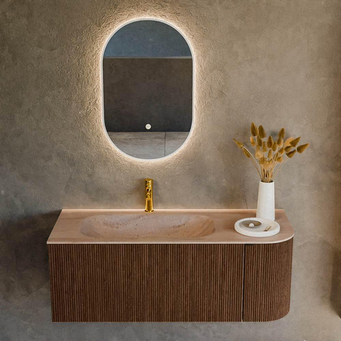 MONDIAZ KURVE-DLUX meuble de salle de bains 115cm arrondi à droite couleur Walnut avec 1 tiroir et 1 porte. Lavabo BIG SMALL à gauche 1 trou de robinet Saba. SW1433169