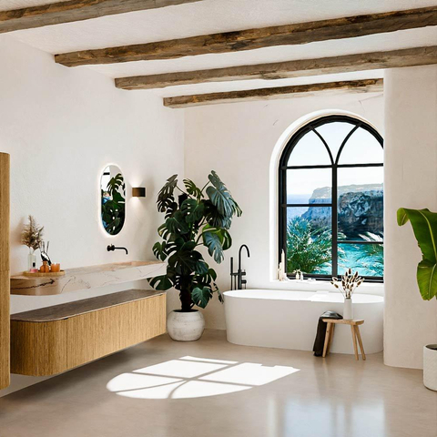 MONDIAZ THOR-DLUX 200cm meuble de salle de bains arrondi gauche + droite couleur Chêne avec 2 tiroirs et 2 portes. Vasque suspendue CLOUD Droite sans trou de robinet couleur Arena. SW1467059